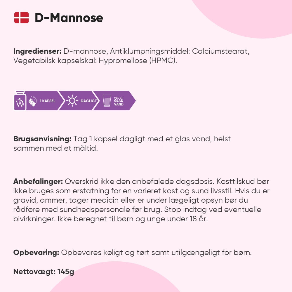 D-mannose etiket med ingredienser og brugsanvisning til 1 kapsel dagligt