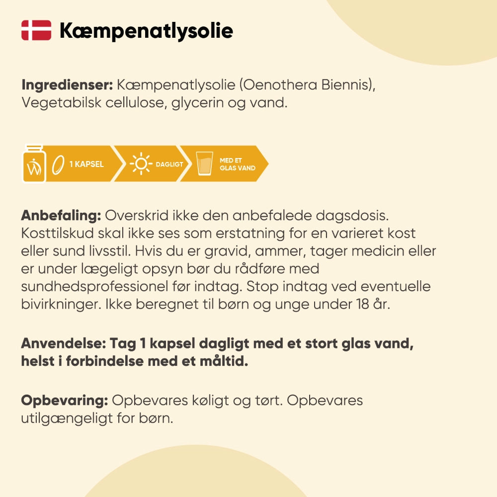 Kæmpenatlysolie kapsel-etiket med ingredienser og anbefalinger på dansk