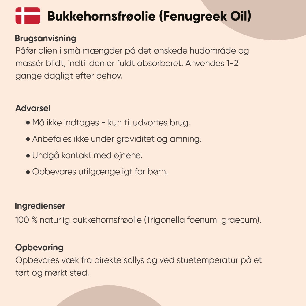 Informationspanel til bukkehornsolie med ingredienser, advarsler og opbevaring