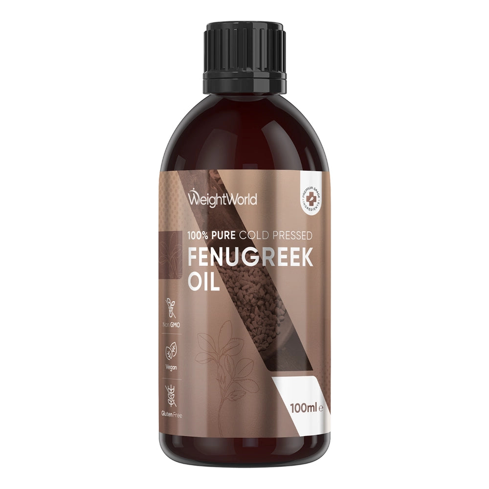 Flaske med 100% koldpresset bukkehornsolie i mørkt glas, sort låg, 100 ml