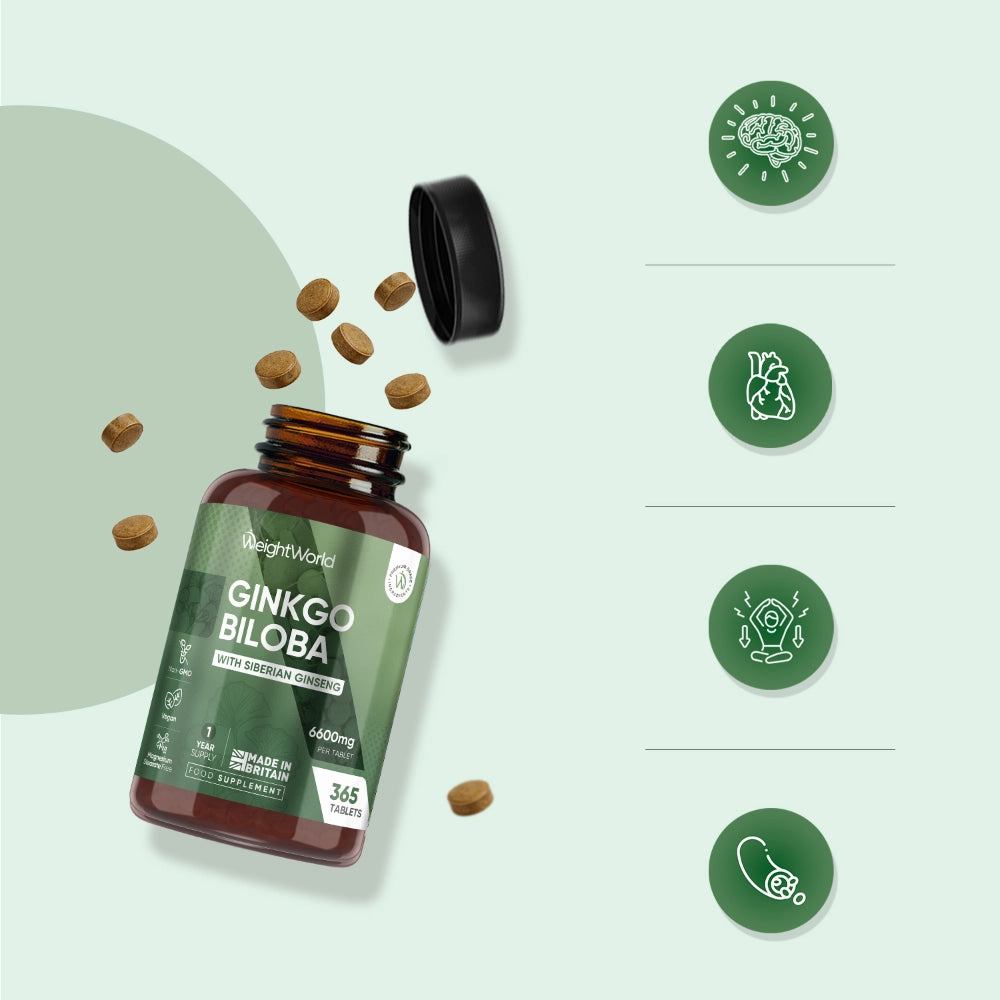 WeightWorld Ginkgo biloba-flaske ved siden af løse tabletter