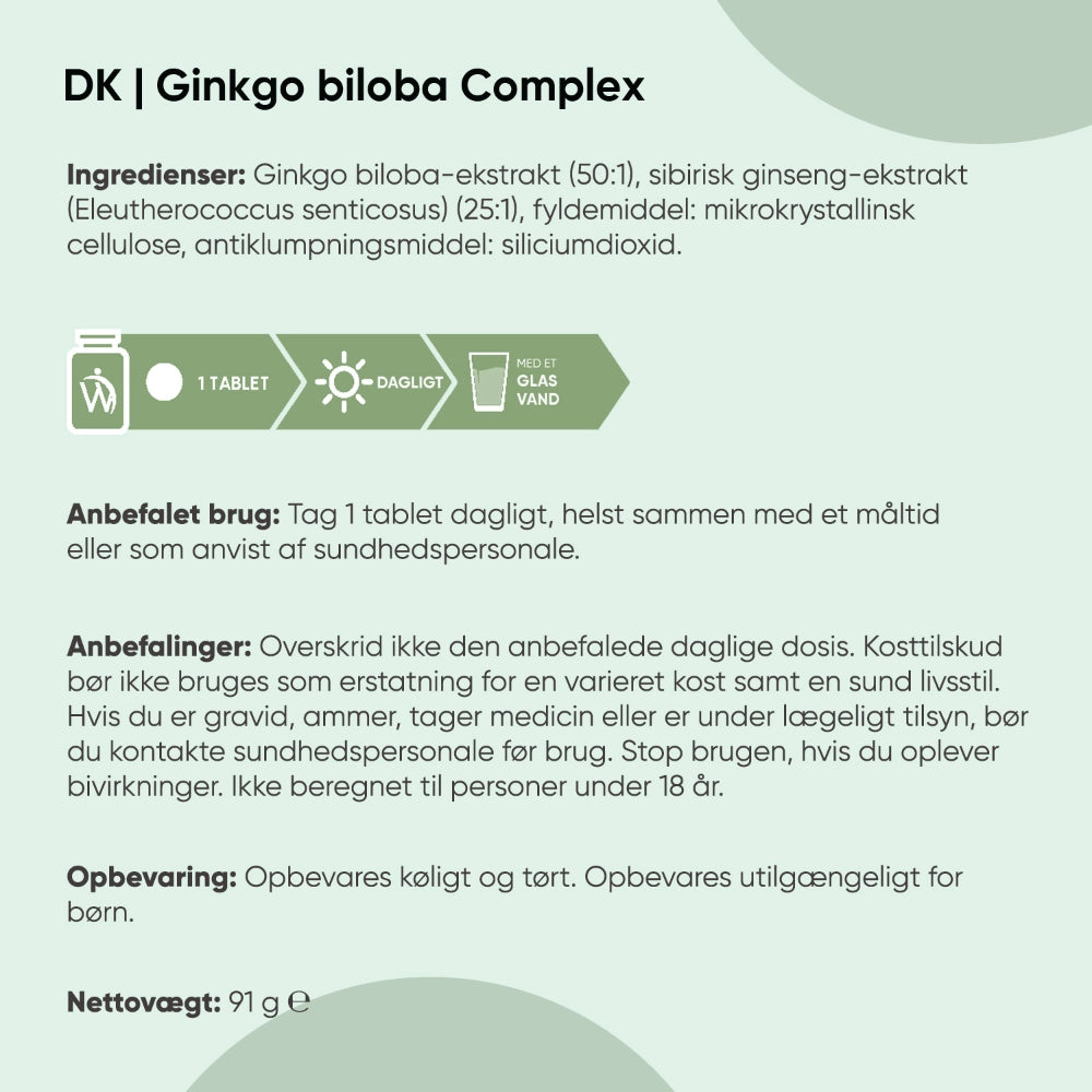 Anvendelse og ingredienser-tekst for DK Ginkgo biloba Complex kosttilskud