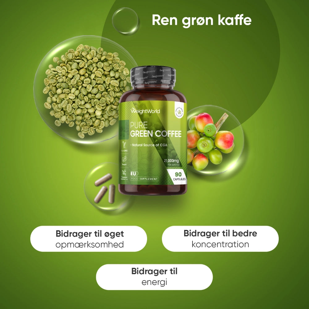 WeightWorld Pure Green Coffee kosttilskud med flaske, kapsler og grønne kaffebønner