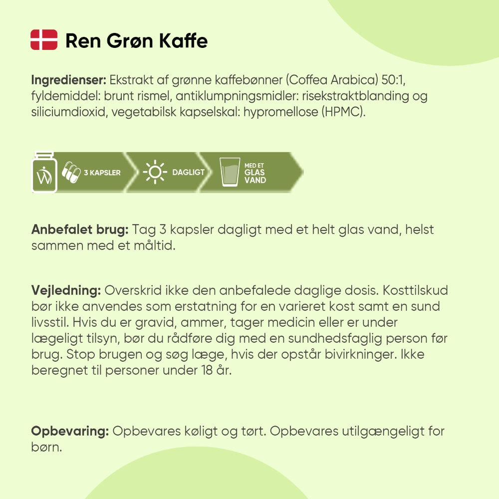 Vejledning og ingredienser til Ren Grøn Kaffe i kapsler, daglig brug (WeightWorld)