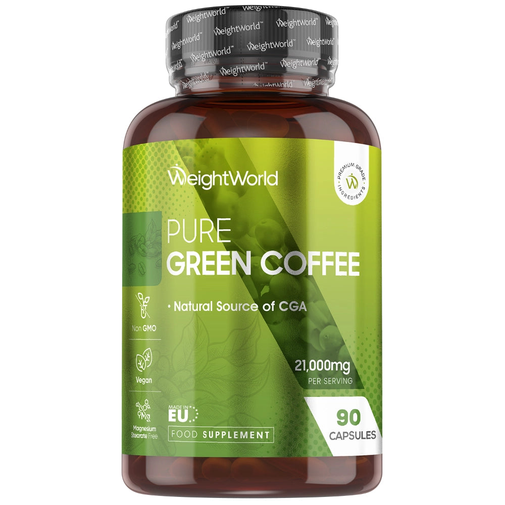 WeightWorld Pure Green Coffee kosttilskud i grøn flaske, 90 kapsler, 21.000 mg