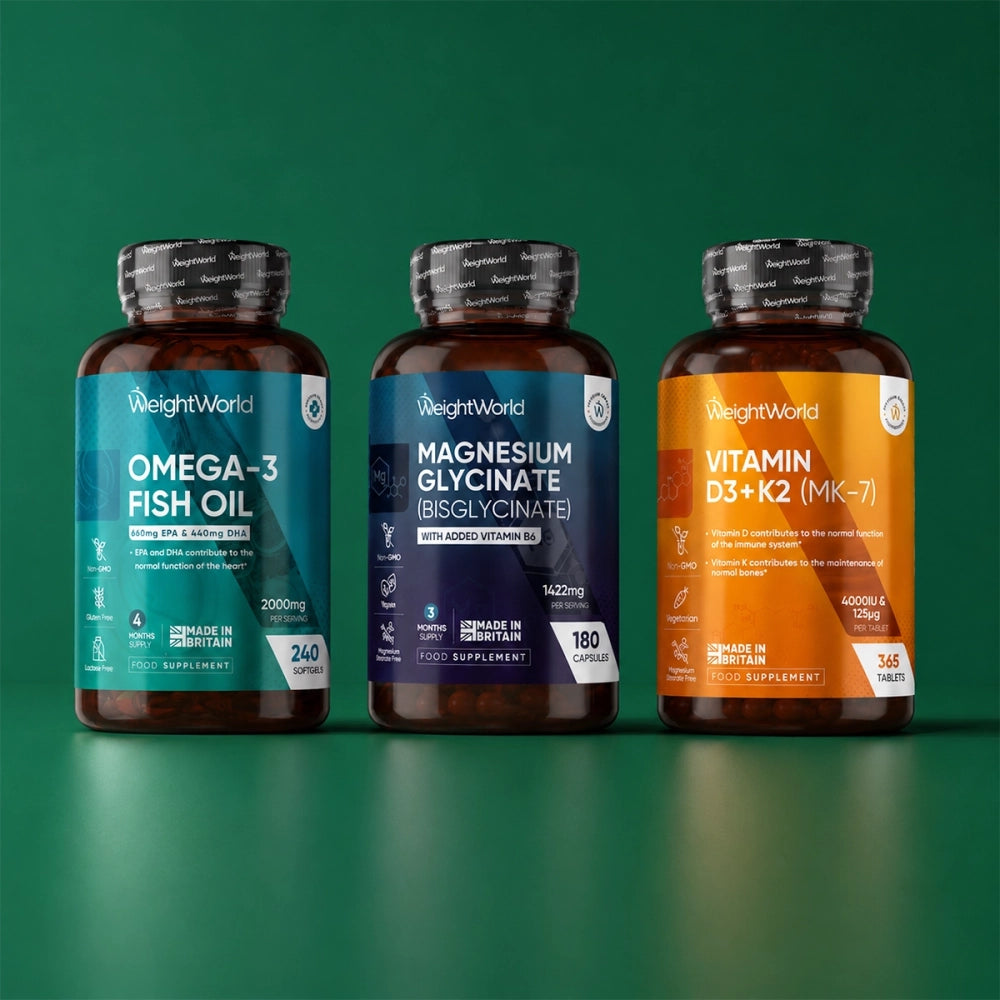 Helsekost-tilskudspakke med tre mørke glasflasker: omega-3, magnesiumglycinat og vitamin D3/K2.