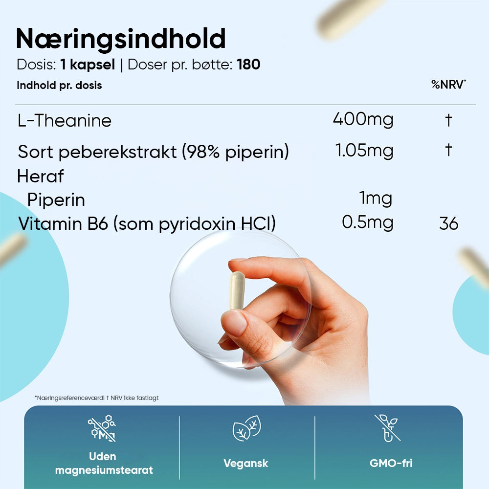 Næringsindhold: L-theanin 400 mg og vitamin B6 0,5 mg pr. kapsel