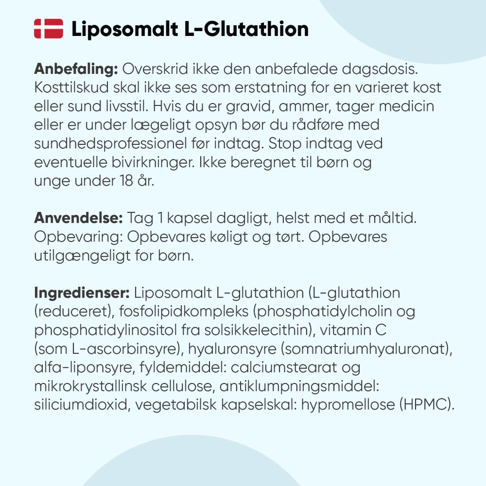 Liposomalt L-glutathion brugsanvisning og ingredienser på etiketten