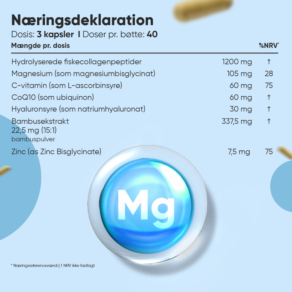 Marin kollagen med magnesium kapsel med Mg-markering og dosistal 1200 mg pr. dosis