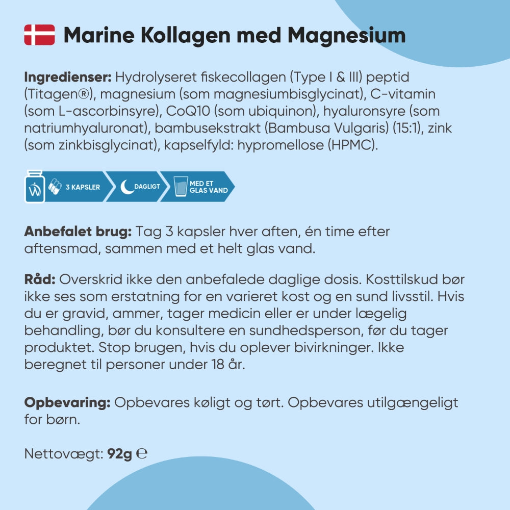 Marin kollagen med magnesium etiket med ingredienser, anvisninger og opbevaring