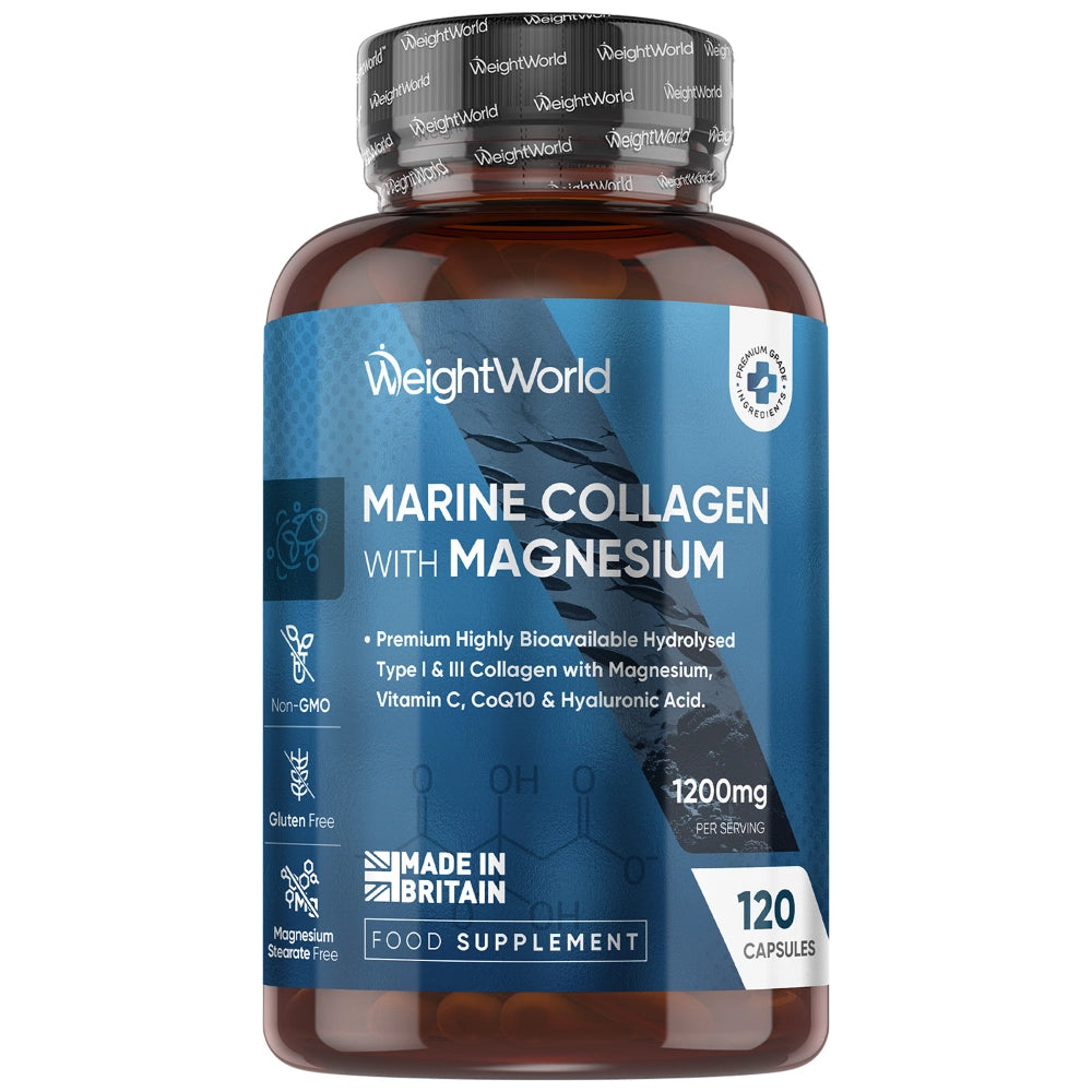Marin kollagen med magnesium kapsler i WeightWorld-brun glasflaske, 120 kapsler