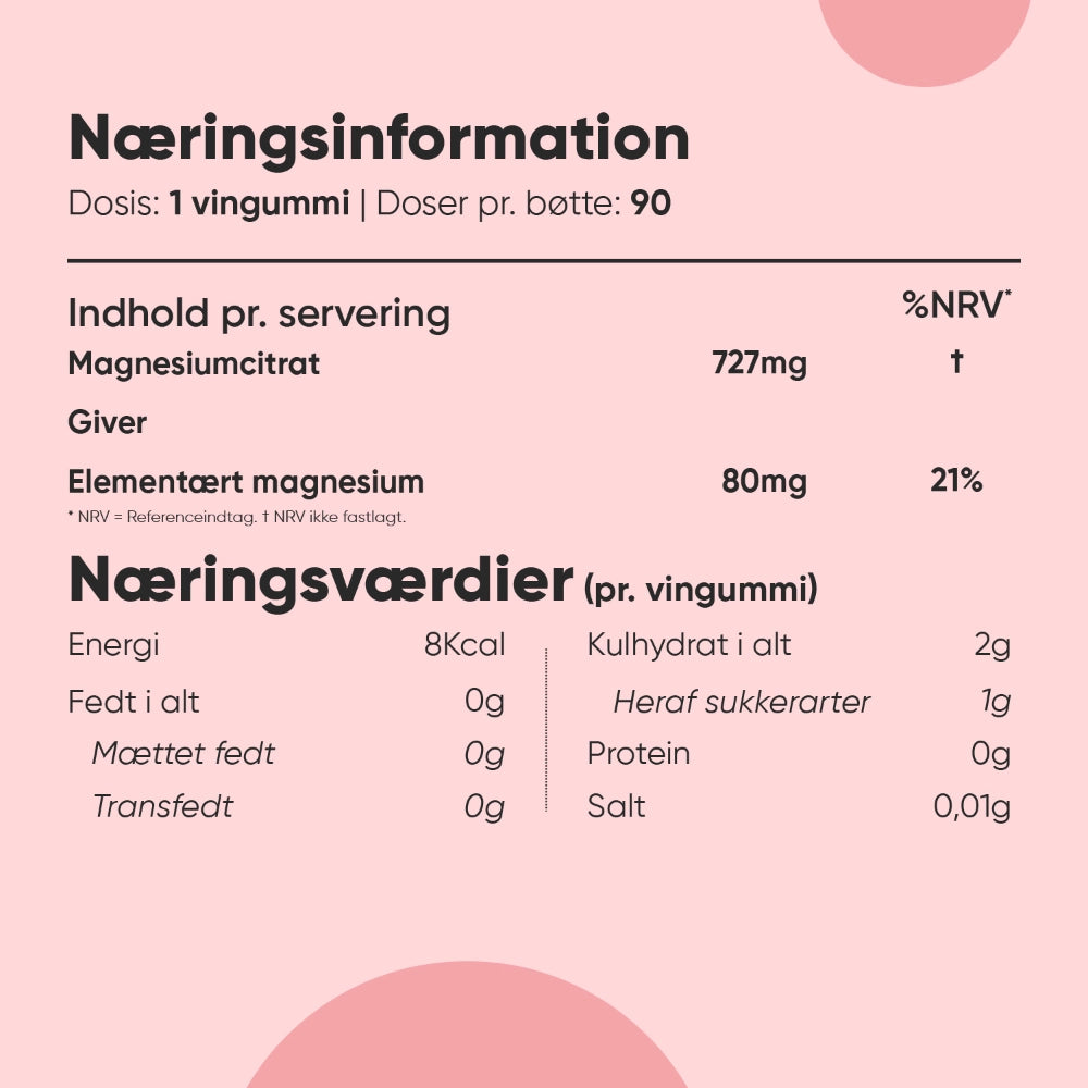 Næringsinformation på etiketten: 1 vingummi, 727 mg magnesiumcitrat