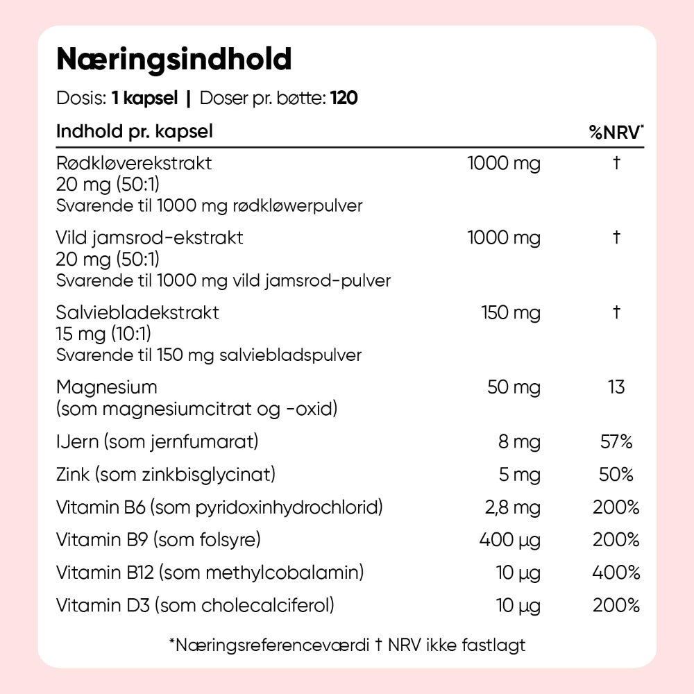 Næringsindhold pr. kapsel: 120 doser med rødkløver og vild yam