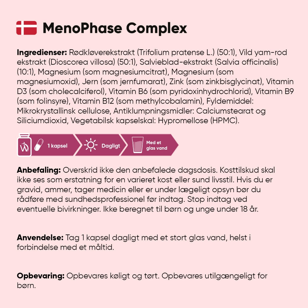 Ingrediensliste til MenoPhase-kompleks kapsler: rødkløver, vild yam og salvie