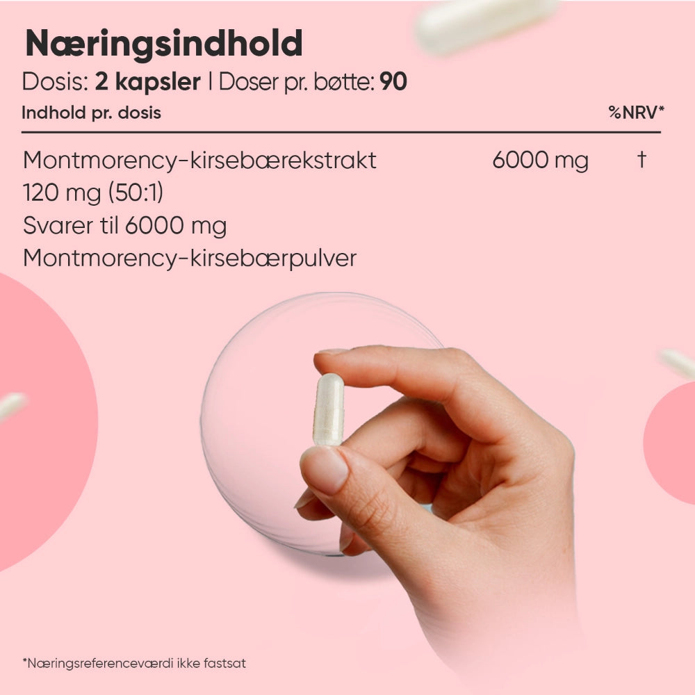 Næringsindhold på surkirsebær kapsler: 6000 mg og 120 mg ekstrakt