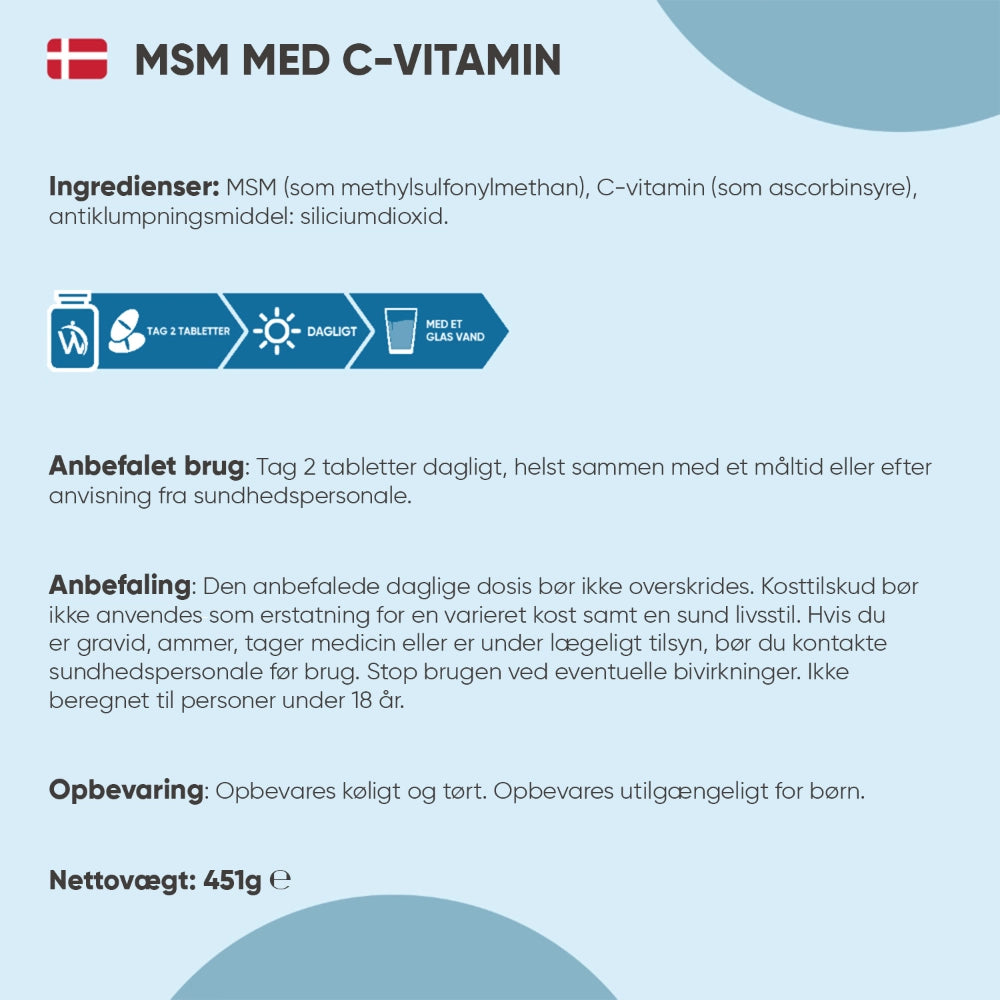 Indholds- og brugsinfo på WeightWorld MSM med C-vitamin, nettovægt 451 g