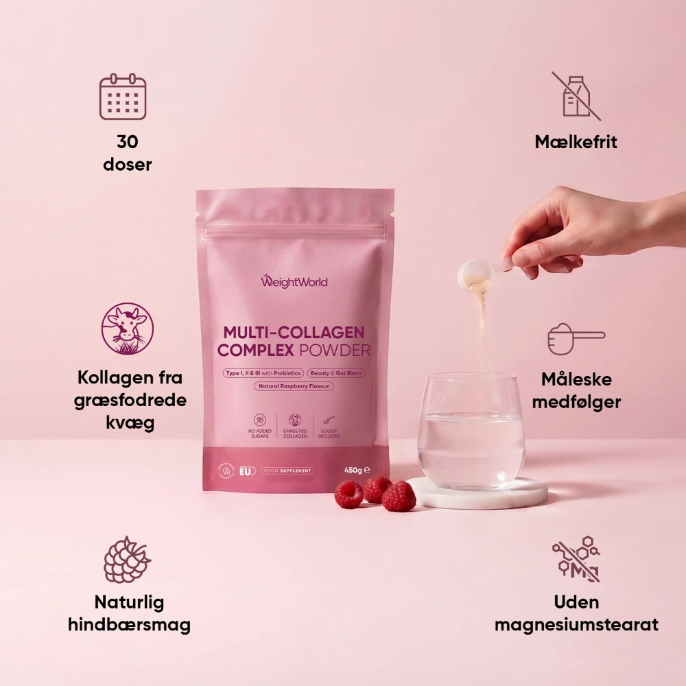 Pink kollagenpulverpose med glas og ikoner for kollagen, dosering og oprindelse