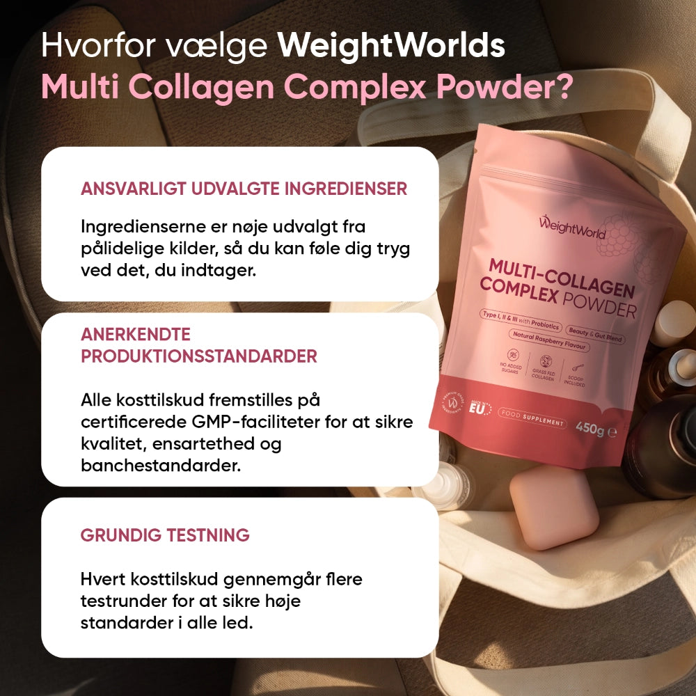 Emballage med WeightWorld-informationsboks om valgte ingredienser, standarder og test