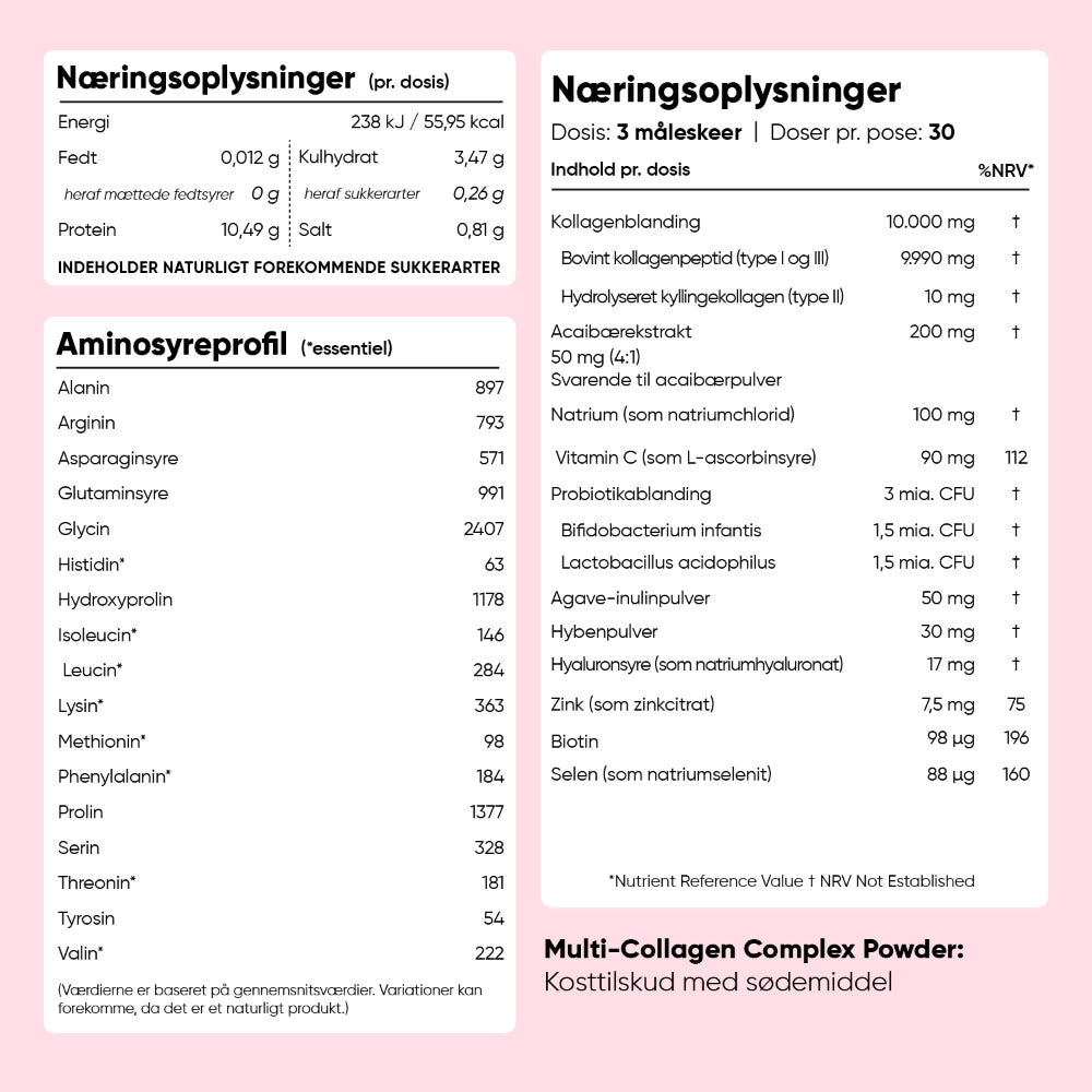 Næringsoplysninger og aminosyreprofil for Multi-Collagen Complex Powder på infokort