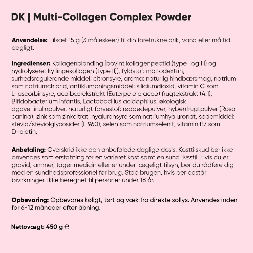 Brugsanvisning, ingredienser og opbevaring for Multi-Collagen Complex Powder