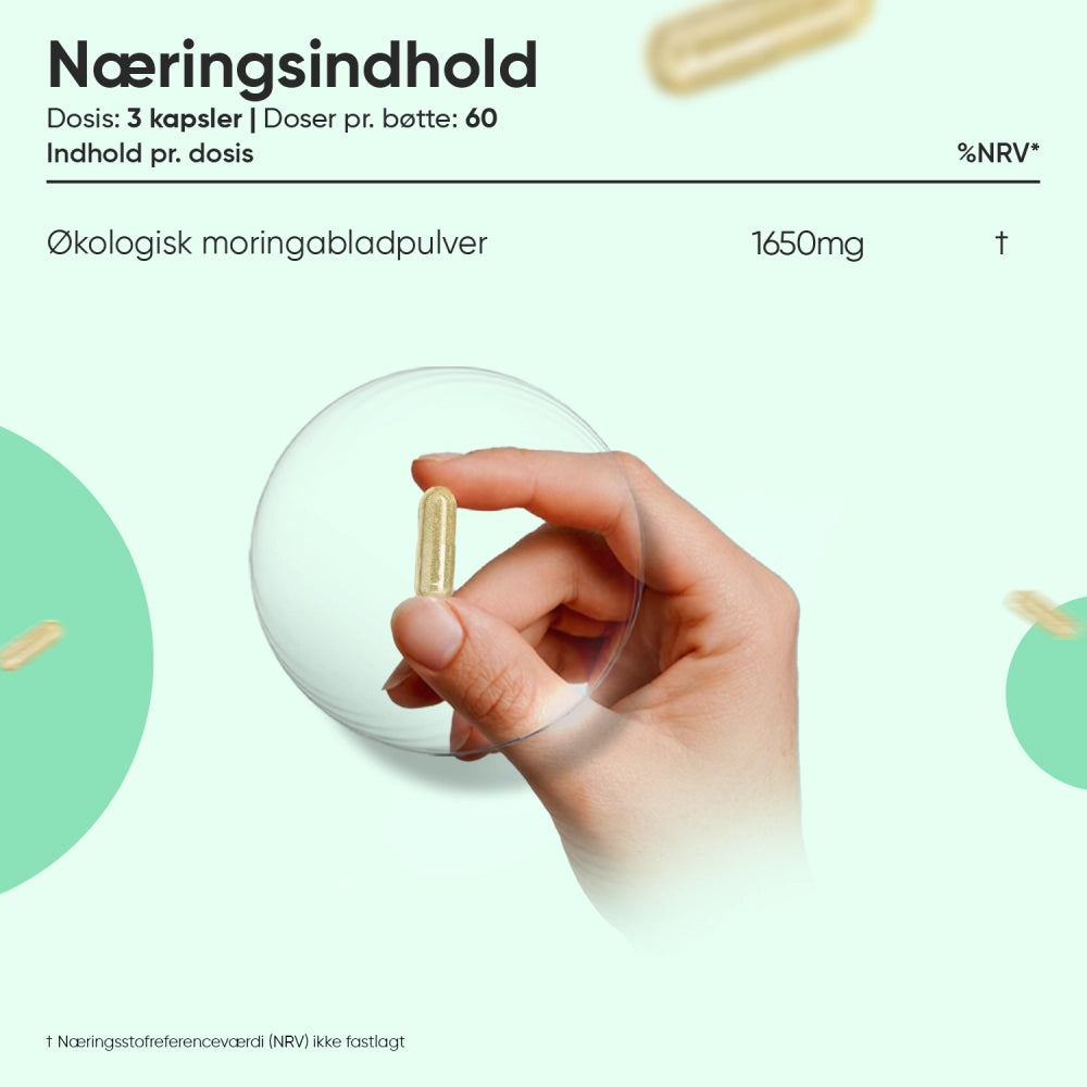 Moringa kapsler med hånd, 1650 mg per kapsel, økologisk moringabladpulver