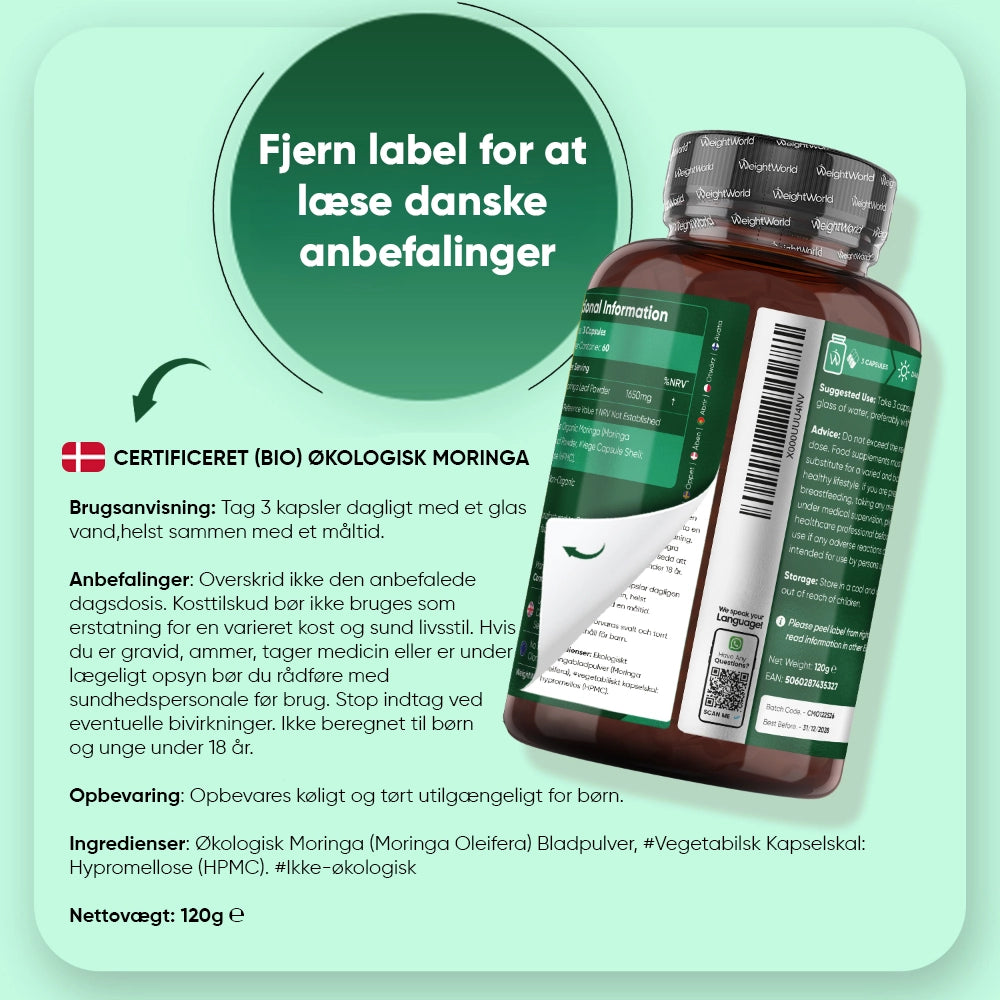 Moringa kosttilskud på etiketside med brugsanvisning og ingrediensinformation