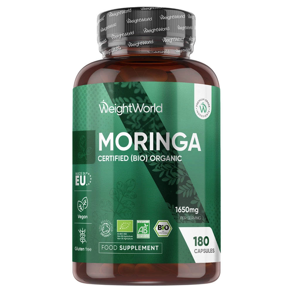 Økologisk Moringa kosttilskud i mørkebrun krukke, 180 kapsler, 1650 mg