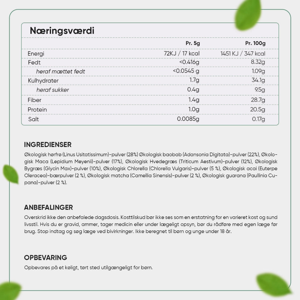 Etiket med næringsværdi pr. 100 g og ingredienser på bagsiden