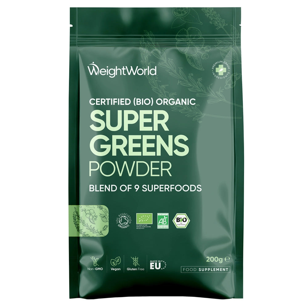 Økologisk super greens-pulver i mørkegrøn poseemballage, 200 g WeightWorld