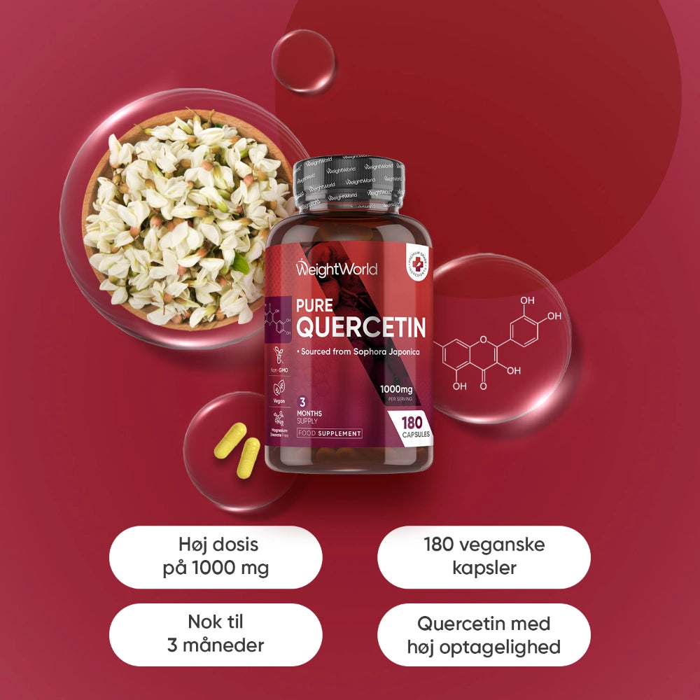 Quercetin 1000 mg flaske med veganske kapsler og urteskiver