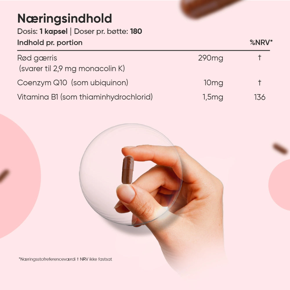 Rød gærris-kapsel i hånd, 290 mg pr. kapsel