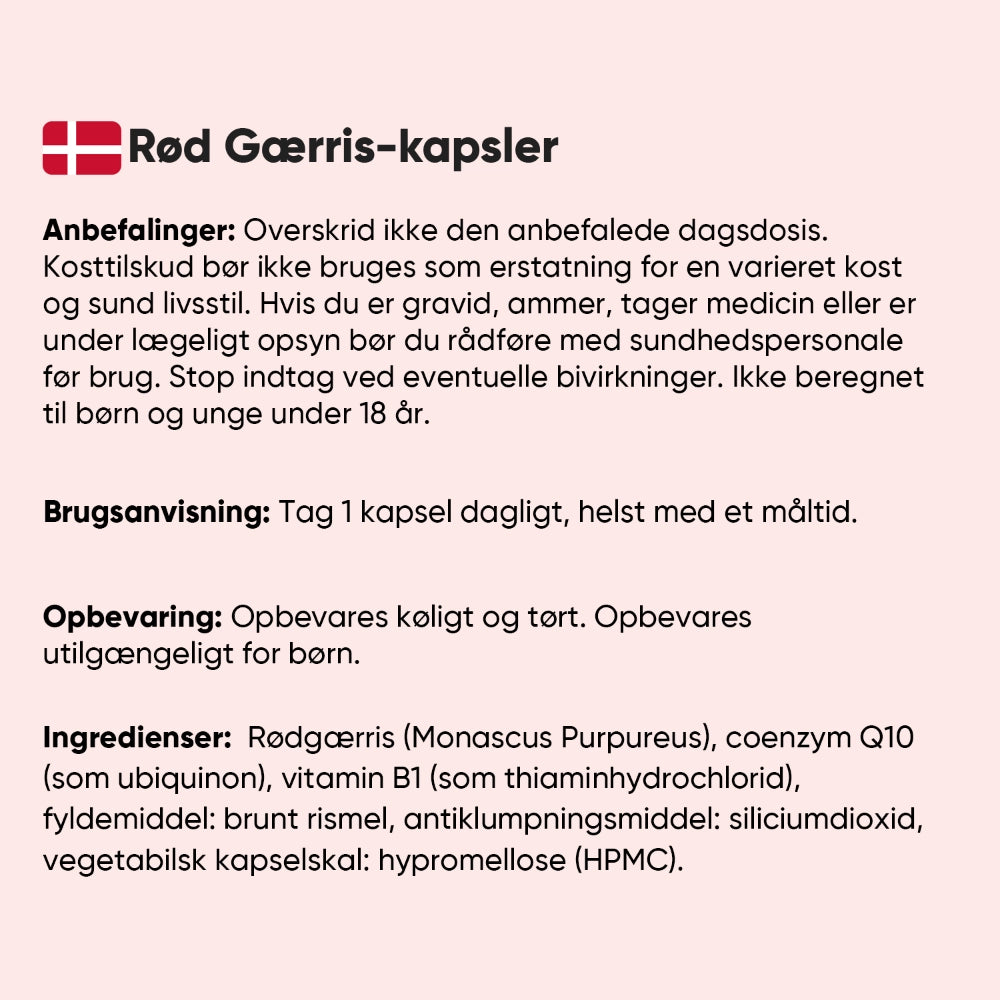 Rød gærris-kapsler, bagside med brugsanvisning og ingredienser