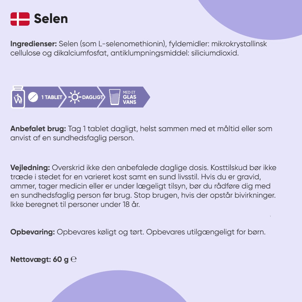 Selen-tablet-etiket med ingredienser, brugsanvisning og nettovægt 60 g