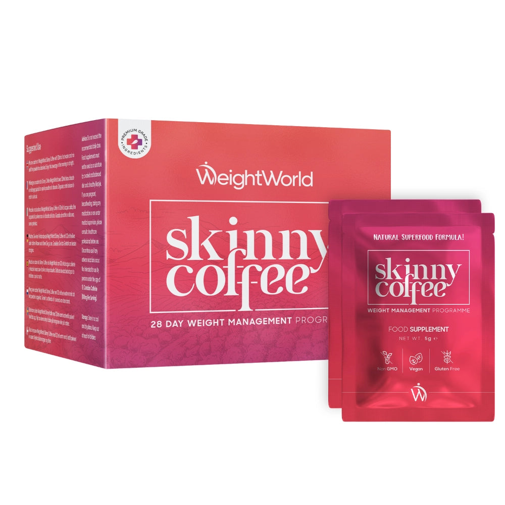 Slankekaffe-dåse og sachets i rød emballage fra WeightWorld, Skinny Coffee