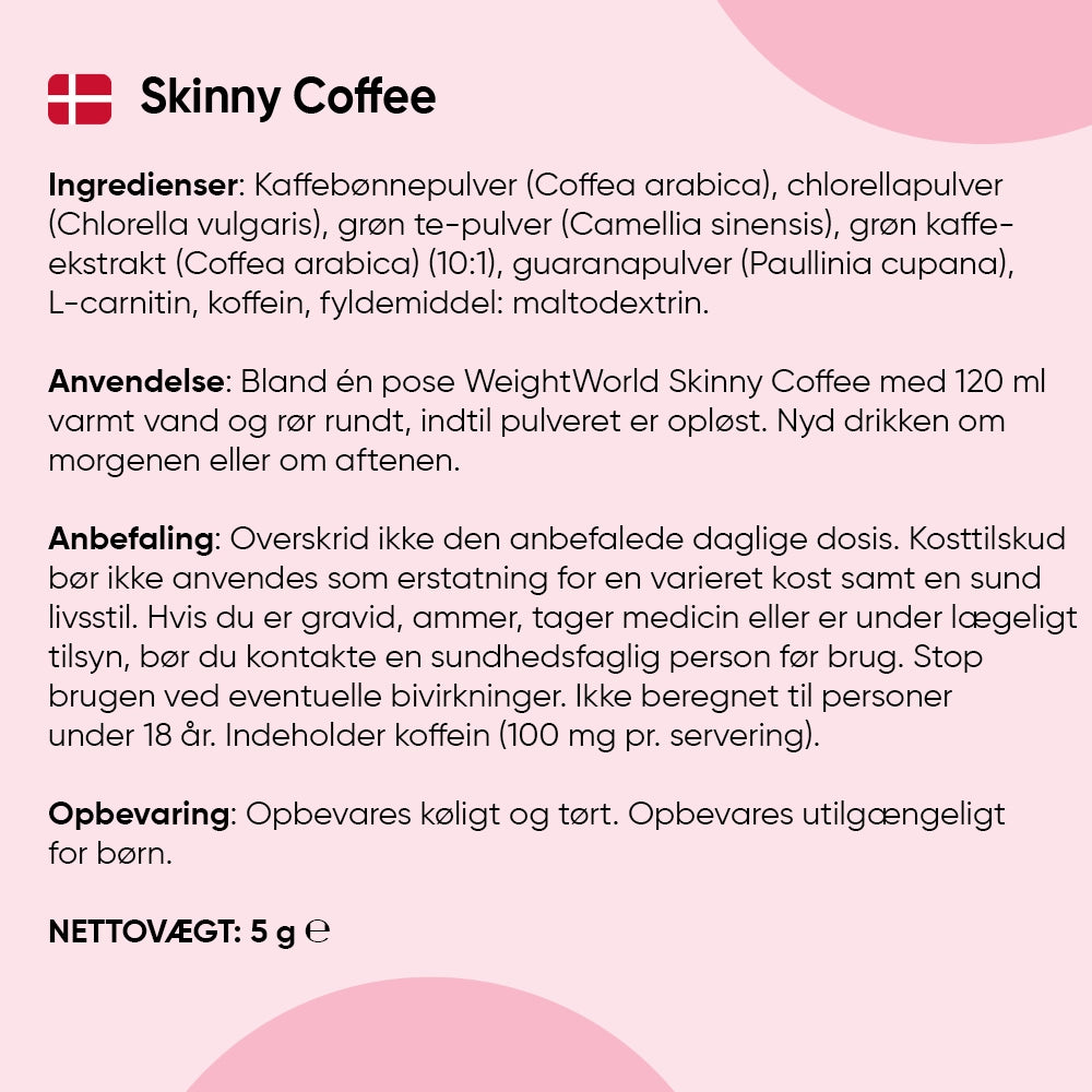 Slankekaffe-etiket med ingredienser, anvendelse, anbefaling og nettovægt 5 g
