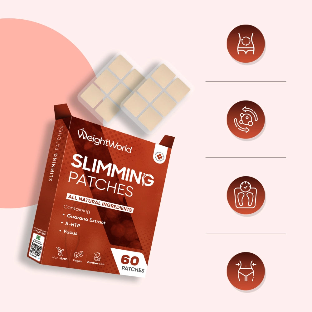 WeightWorld slankende plasterpakke med plaster i blister og funktionsikoner.