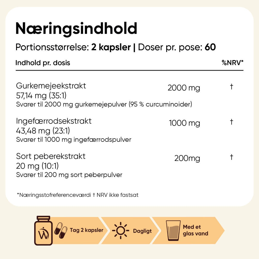 Næringsindhold: gurkemeje, ingefær og sort peber med angivne mængder pr. dosering