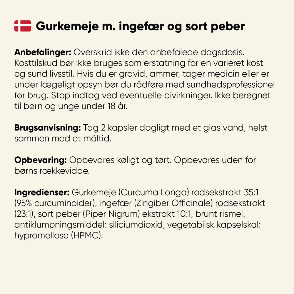 Brugsanvisning og ingredienser for gurkemeje-tilskud med ingefær og sort peber