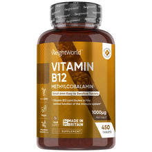 Vitamin B12 tilskud i brun krukke med etikette og 1000 mcg, 450 tabletter
