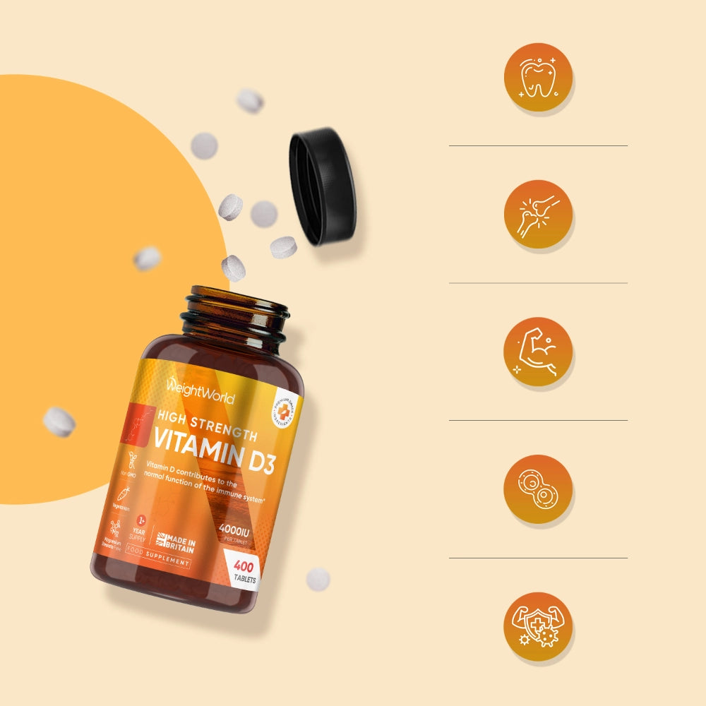 WeightWorld D3-vitamin 4000IU-flaske med rund ikonliste til næringsinfo