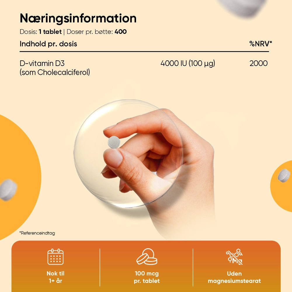 D3-vitamin 4000IU-tabletter—hånd med hvid tablet og næringsoplysninger