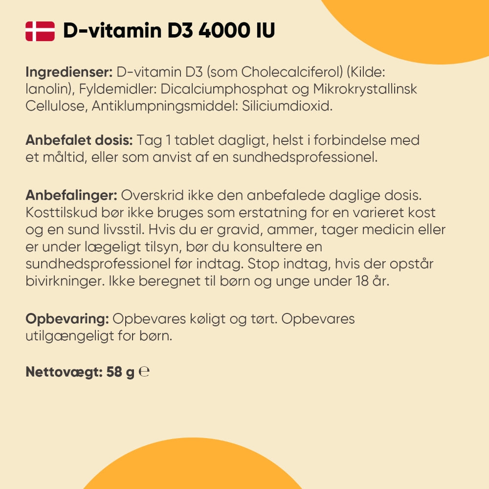 D-vitamin D3 4000 IU bagsideetiket med ingrediens- og doseringsinfo