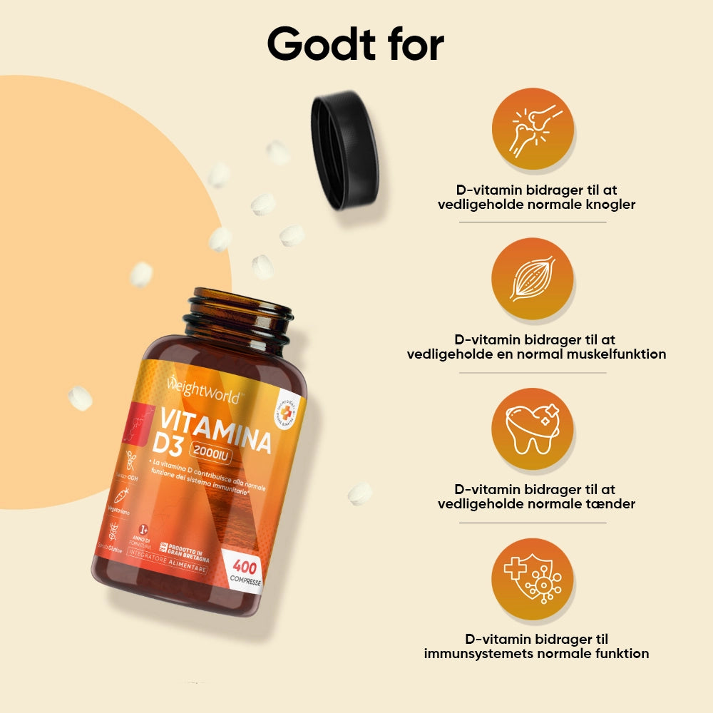 D3-vitamin 2000 IU tablet-tilskud i flaske med brugsikoner