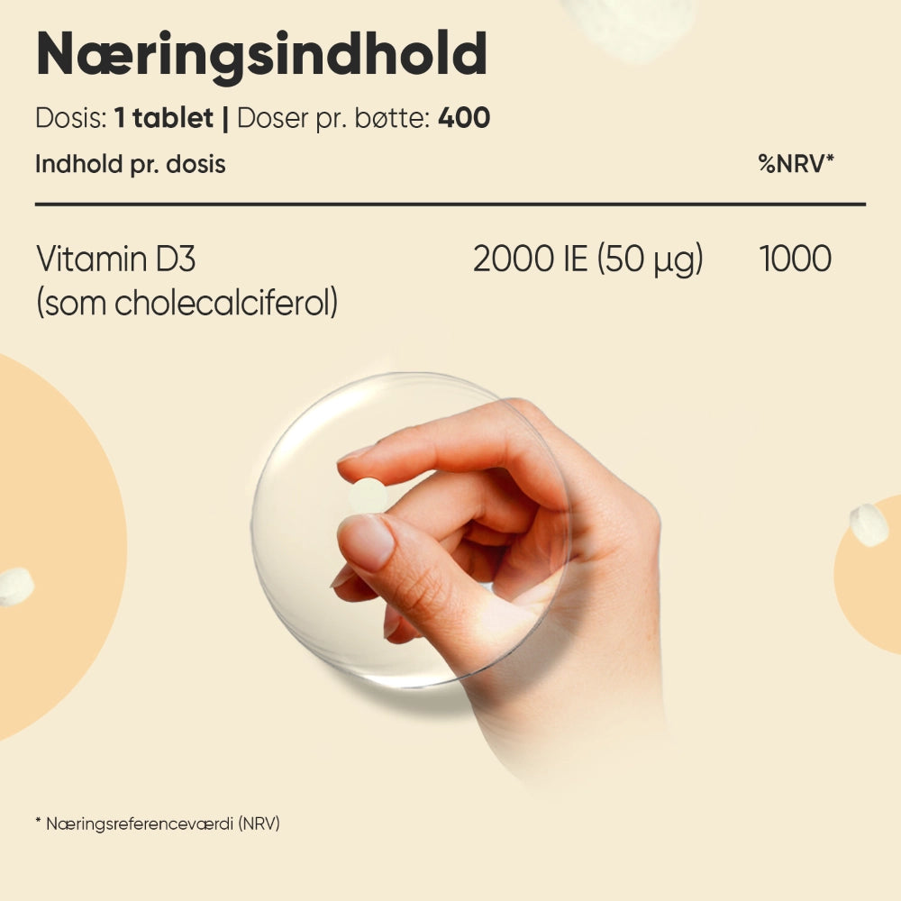 D3-vitamin 2000 IE (50 µg) tablet set i håndens nærbillede