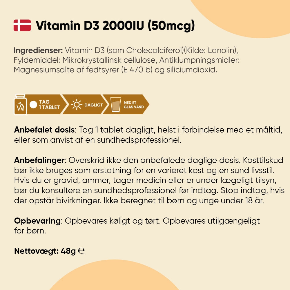 D3-vitamin 2000 IU (50 µg) tablet-tilskud, bagside med dosering og ingredienser