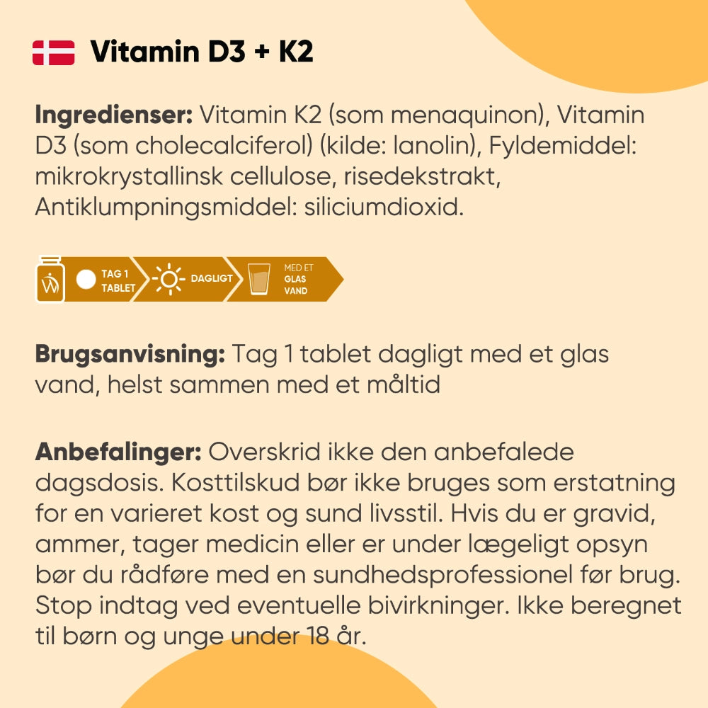 Vitamin D3 + K2 tabletter: ingrediensliste og brugsanvisning på emballageetiket