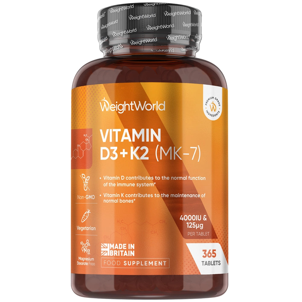 Glasflaske med Vitamin D3 + K2 tabletter, orange label og 365 tabletter