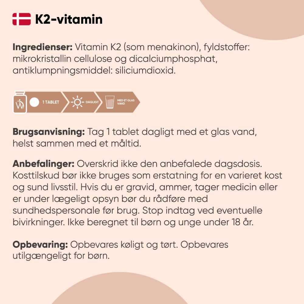 K2-vitamin kosttilskud etikette med ingredienser og brugsanvisning