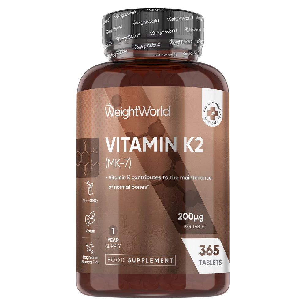Vitamin K2 (MK-7) kosttilskud i brun flaske, 200 µg, 365 tabletter