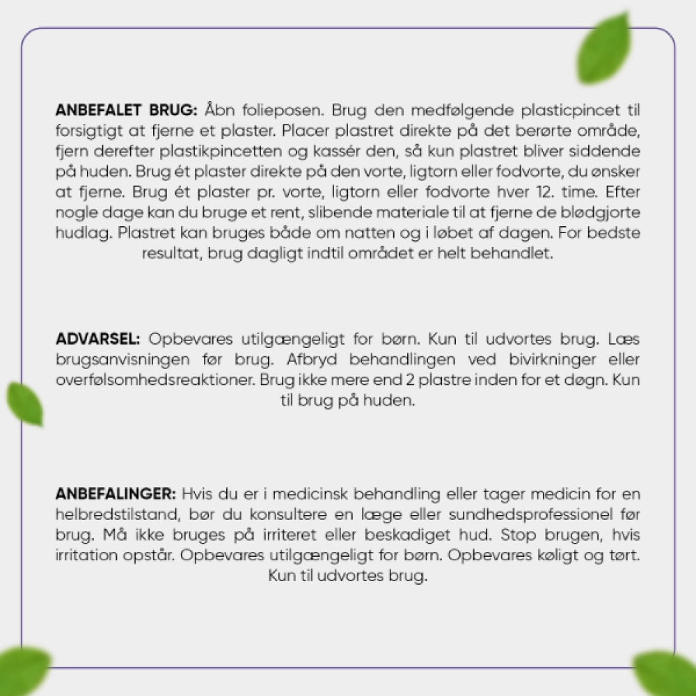 Emballagebagside med brugsanvisning til vorte-, ligtorn- og fodvorteplastre.